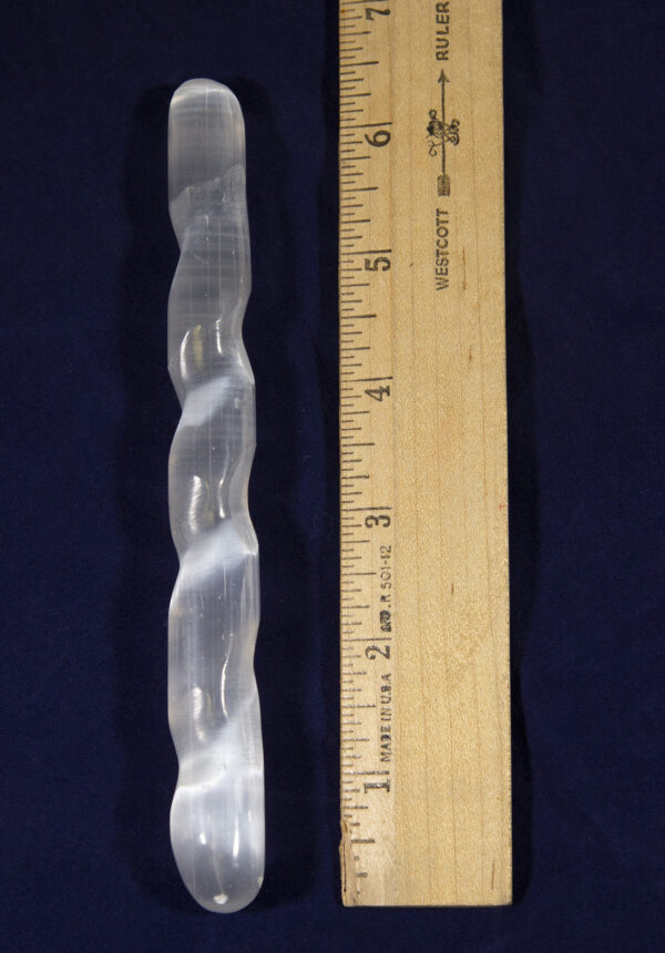 Selenite Tumbled Spiral Wands 6 inches next to ruler for size comparison