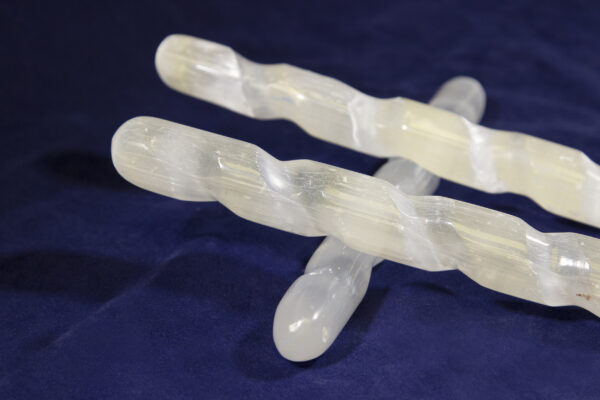 Selenite Tumbled Spiral Wands 6 inches close up view