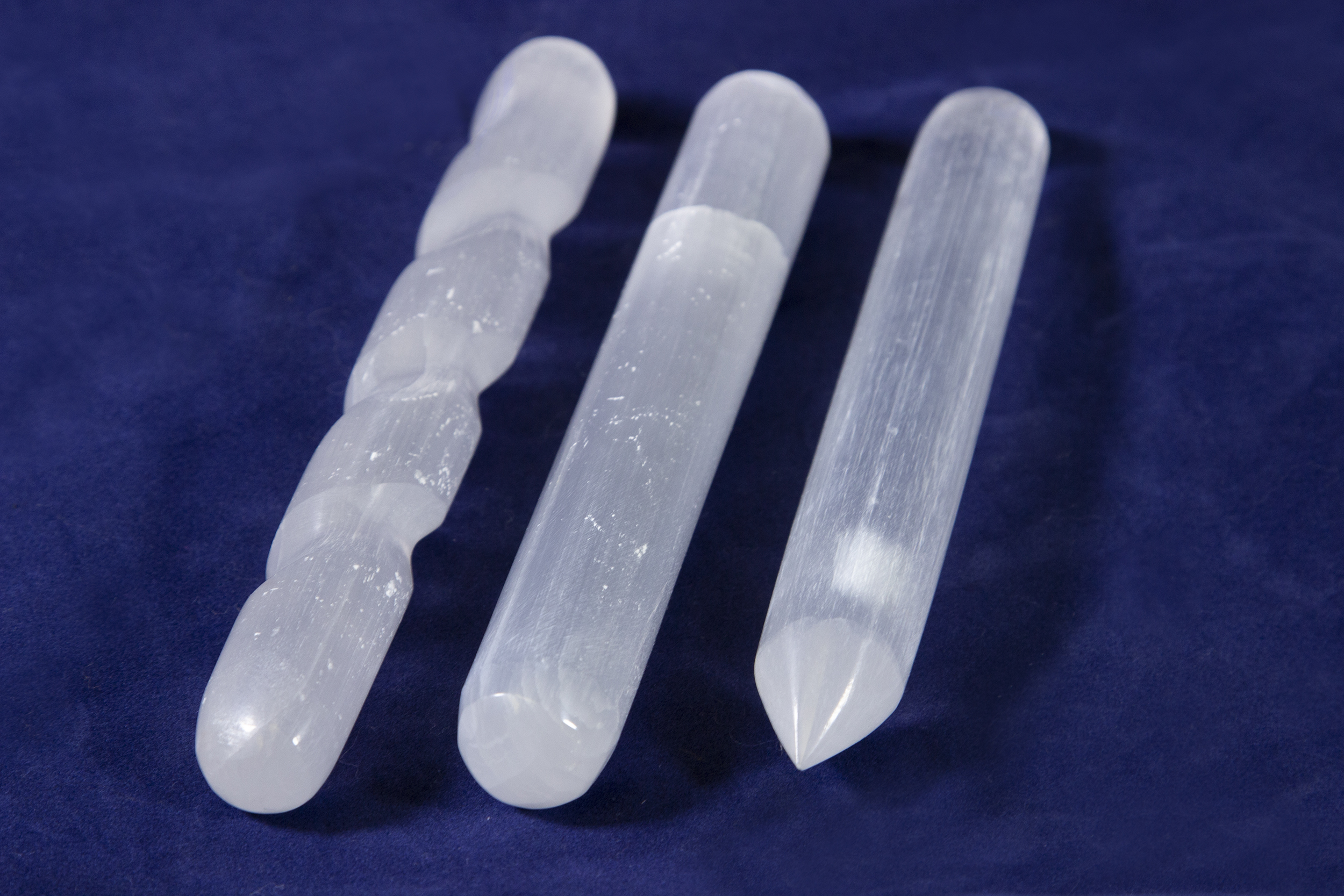 Six inch Selenite Wands containing Spiral Wand, Rounded Wand, Perfecto Wand