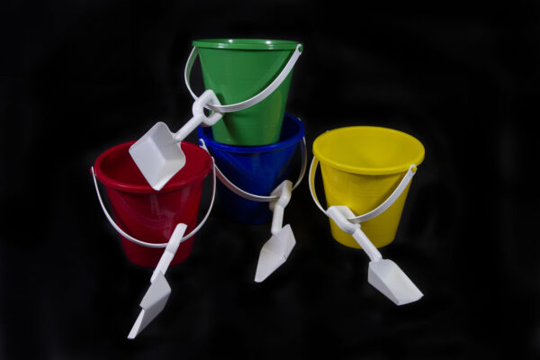 Small Assorted Plastic Pail and Shovel Set with green bucket on top