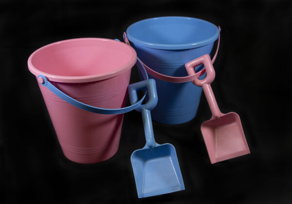 Large Assorted Pastel Plastic Pail and Shovel Set side by side view