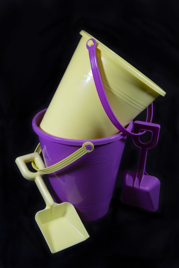 Large Assorted Pastel Plastic Pail and Shovel Set with buckets stacked and two shovels