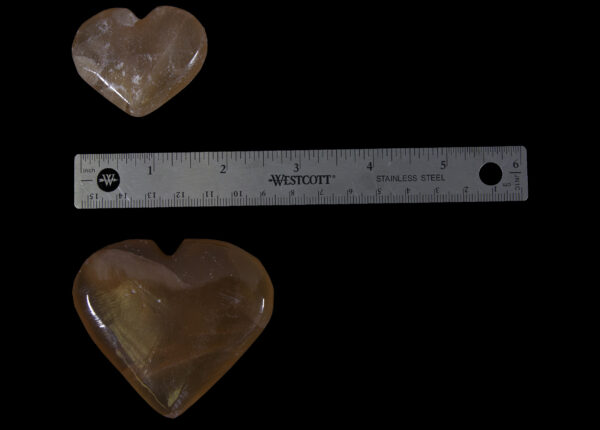 plain aragonite hearts with ruler to scale