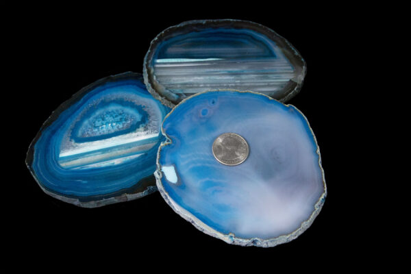 teal agate coasters with quarter to scale