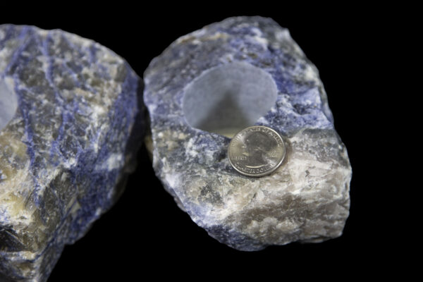 rough sodalite candle holders with quarter to scale