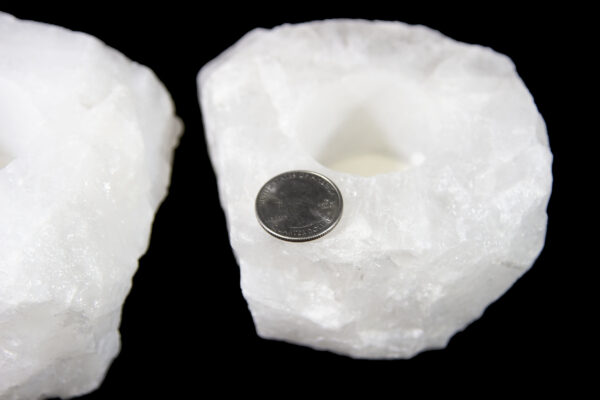 rough rock crystal candleholder with quarter to scale