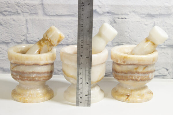 medium white onyx pestle and mortars with ruler to show size
