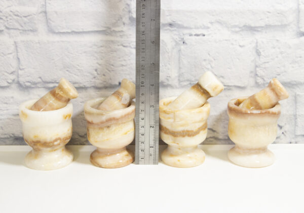 mini white onyx mortar and pestles with ruler to show size