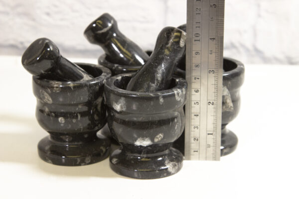 Mini Black Orthoceras Mortar and Pestle with ruler to show size