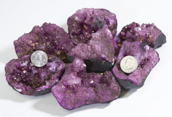 Large purple dyed open geodes with coin to show size