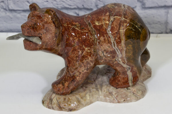 Side view of Reddish colored 12" Marble Bear with Fish