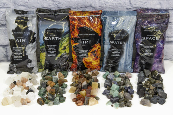 Element Series Mining Bags Fire, Earth, Water, Air, Space with several different types of gemstones