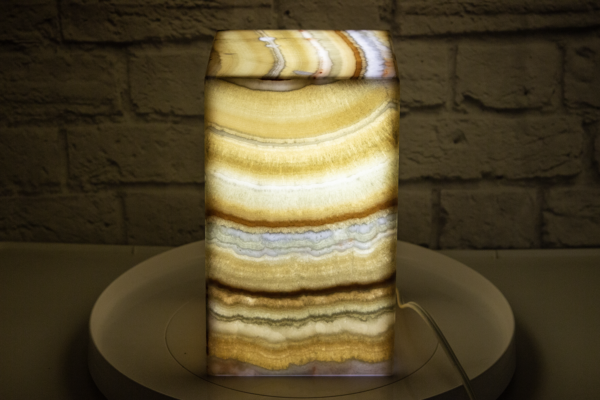 Golden Onyx Pedestal Lamp with Light On Flat Side View