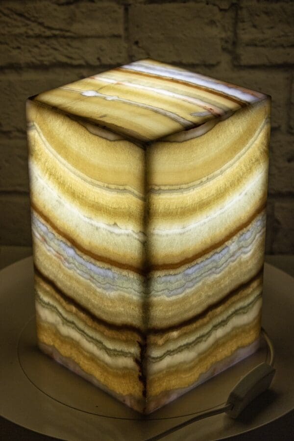 Golden Onyx Pedestal Lamp with Light On Side View