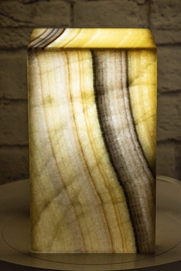 Zebra Onyx Pedestal Lamp Light On Flat Side View