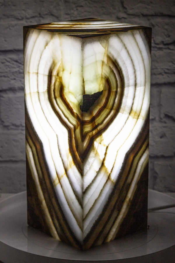 Green Talan Onyx Pedestal Lamp with Light On Side view