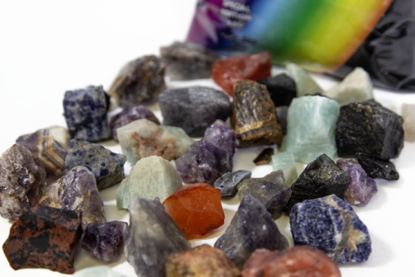 Close View of Rainbow Bag with pieces of Amethyst, Sodalite, Kyanite, Tigers Eye, Amazonite, Carnelian, Bloodstone, Tourmaline stones