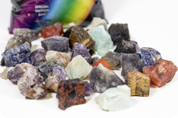 Rainbow Bag with pieces of Amethyst, Sodalite, Kyanite, Tigers Eye, Amazonite, Carnelian, Bloodstone, Tourmaline stones