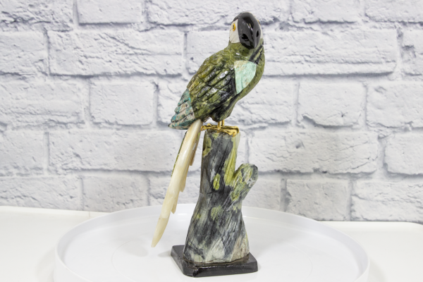 Green Hand Craved Tropical Parrot with Green Base Side View