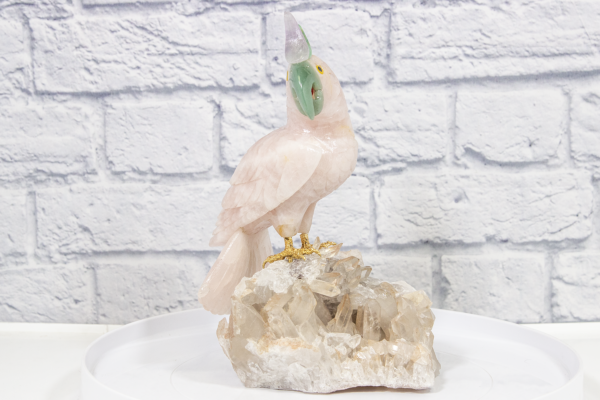 Hand Carved Rose Quartz Parrot, on Crystal Base View from the Side