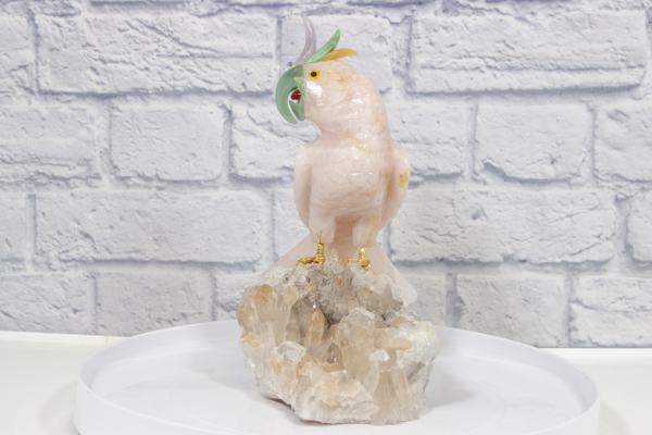 Hand Carved Rose Quartz Parrot, on Crystal Base Front View