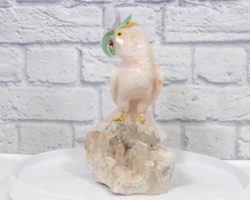Hand Carved Rose Quartz Parrot, on Crystal Base