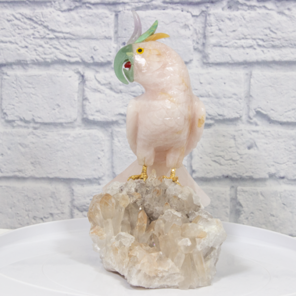 Hand Carved Rose Quartz Parrot, on Crystal Base