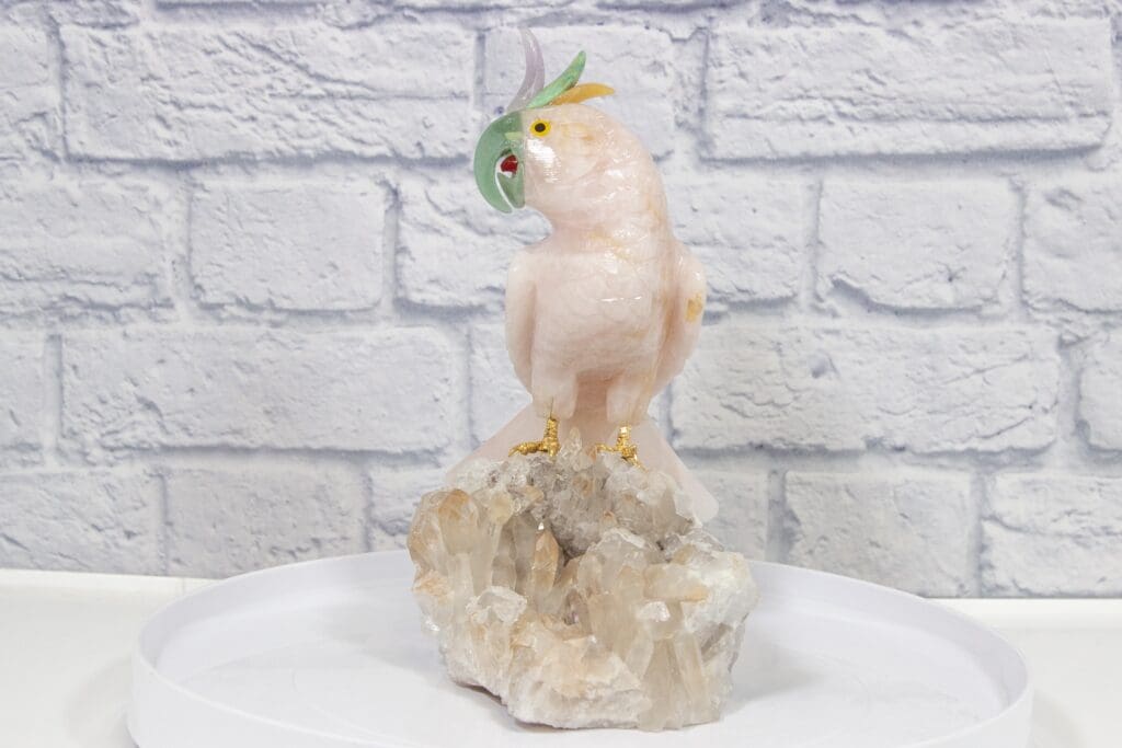 Hand Carved Rose Quartz Parrot, on Crystal Base - Kids Love Rocks