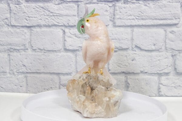 Hand Carved Rose Quartz Parrot, on Crystal Base View from the Front