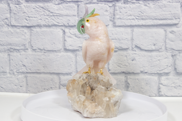 Hand Carved Rose Quartz Parrot, on Crystal Base View from the Front
