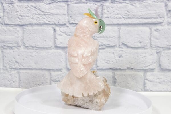 Hand Carved Rose Quartz Parrot, on Crystal Base Back View