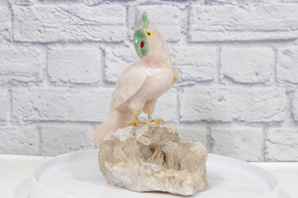 Hand Carved Rose Quartz Parrot, on Crystal Base Side View