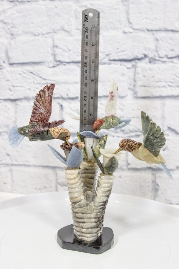 Green and Red Gemstone Hummingbirds Figurine with Ruler for Measuring