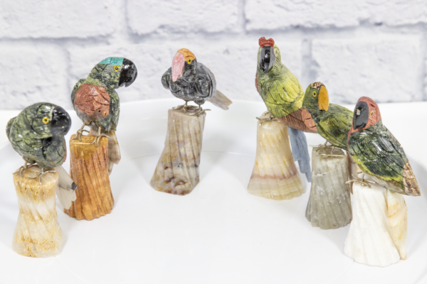 Several Hand Carved Parrots on Stand Natural Gemstone