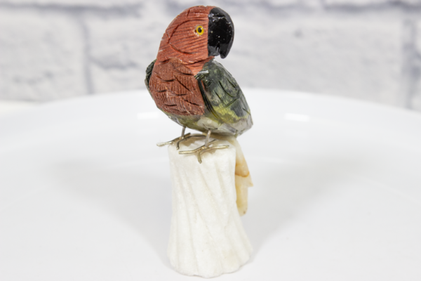 Green and Red Hand Carved Parrot on Stand Natural Gemstone Front View