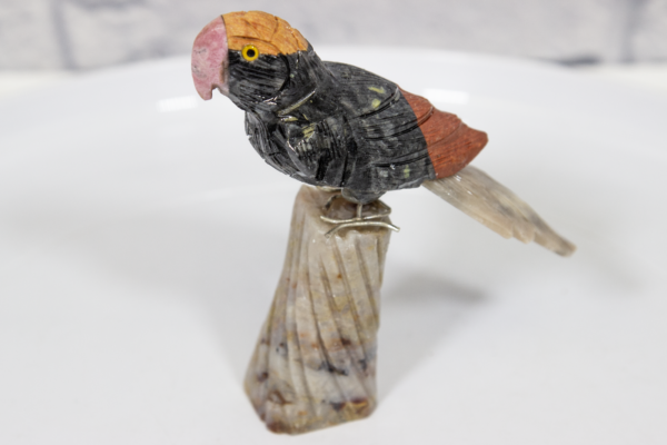 Black and Red Hand Carved Parrot on Brown Stand Natural Gemstone