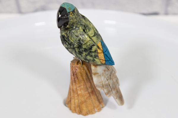 Green and Blue Hand Carved Parrot on Brown Stand Natural Gemstone