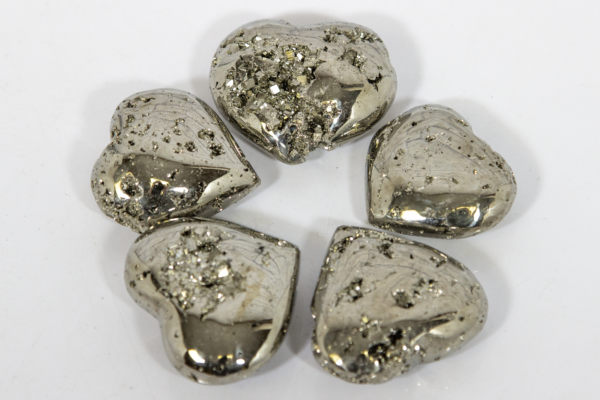 Five Pyrite hearts 1.5" assembled in a circle