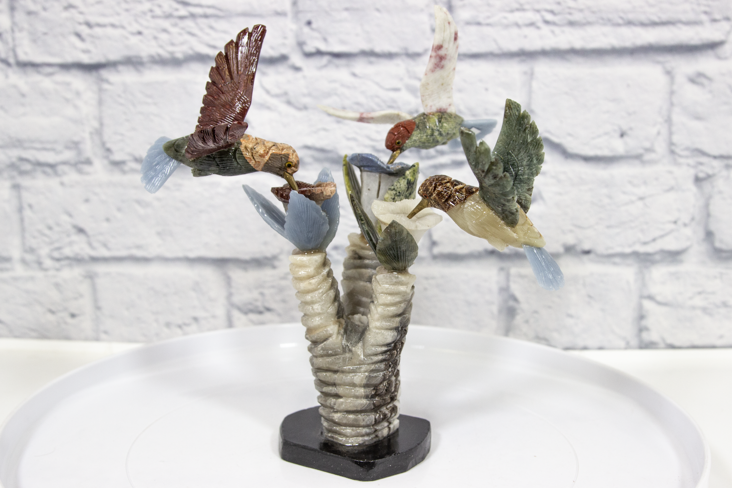 Green and Red and White Gemstone Hummingbirds Figurine on Gray